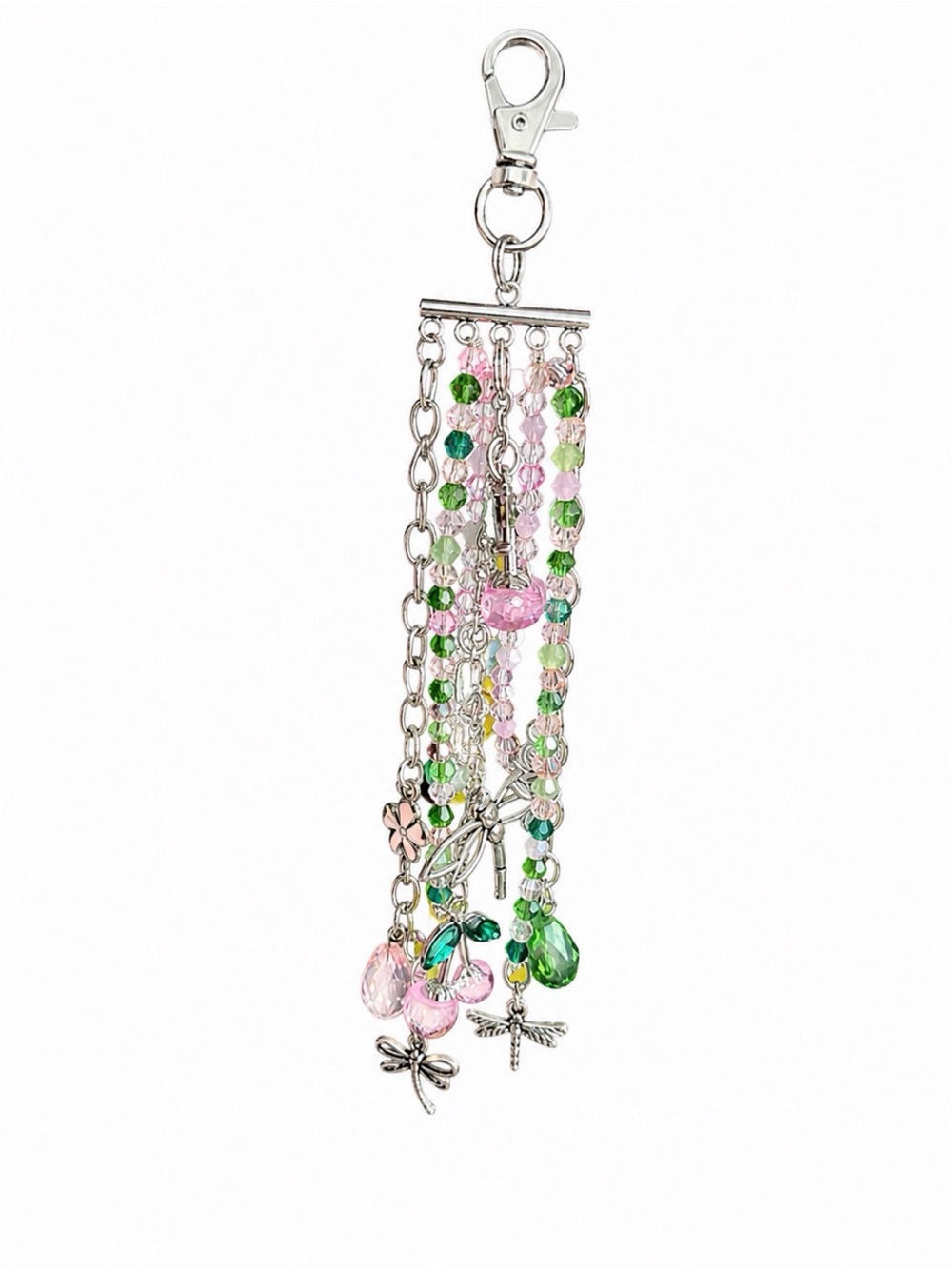 Pink & Green Garden Dragonfly Beaded Bag Charm – Silver Tone